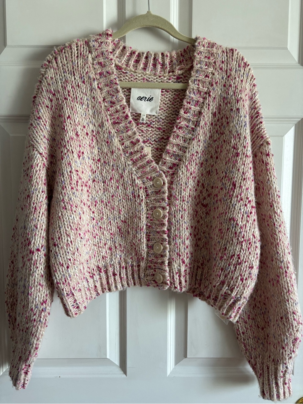 Aerie Pink Speckle Cropped Button-Up Cardigan